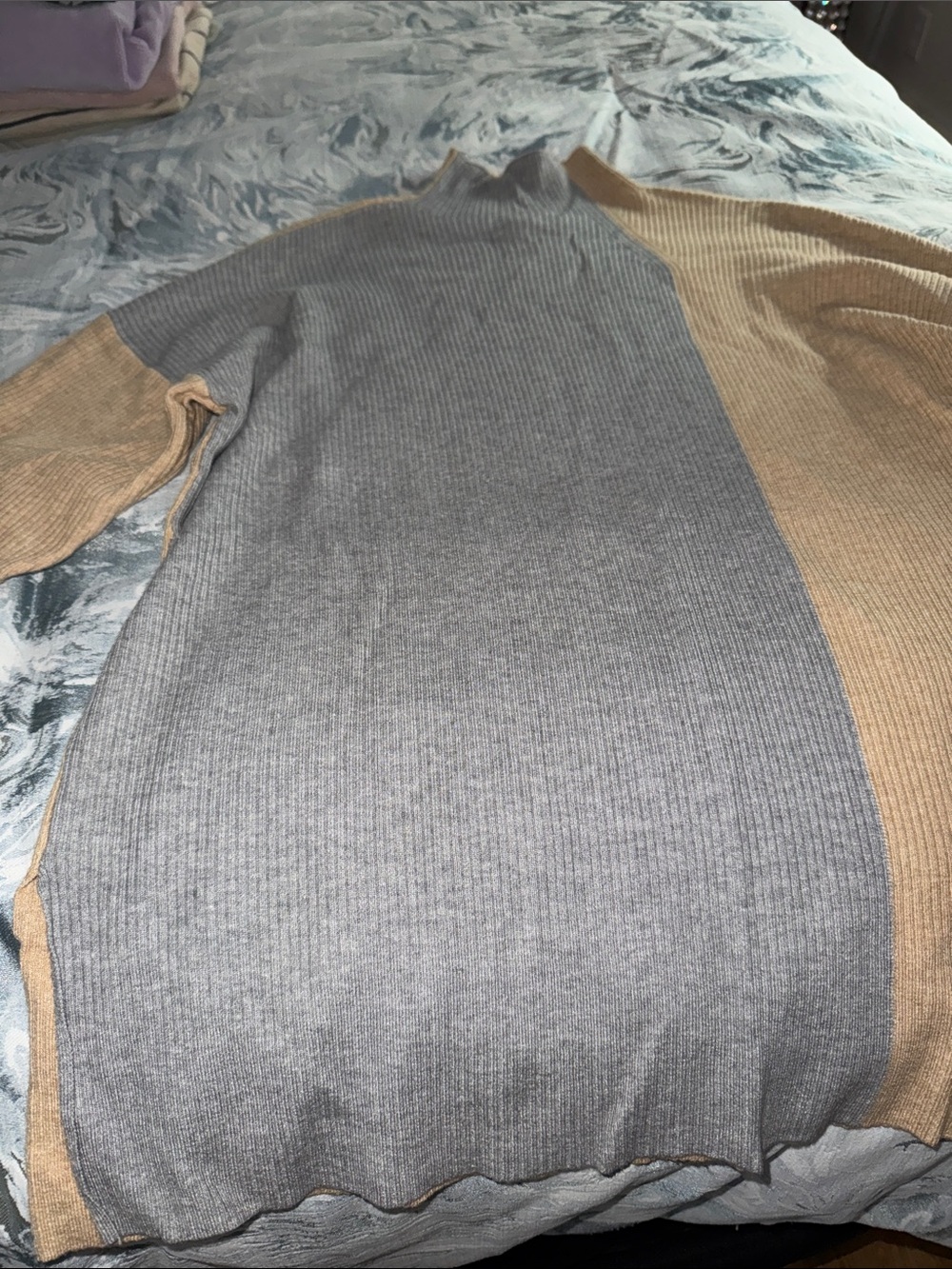 Nine West Two-Tone Ribbed Cowl/Turtleneck Sweater - Gray & Tan